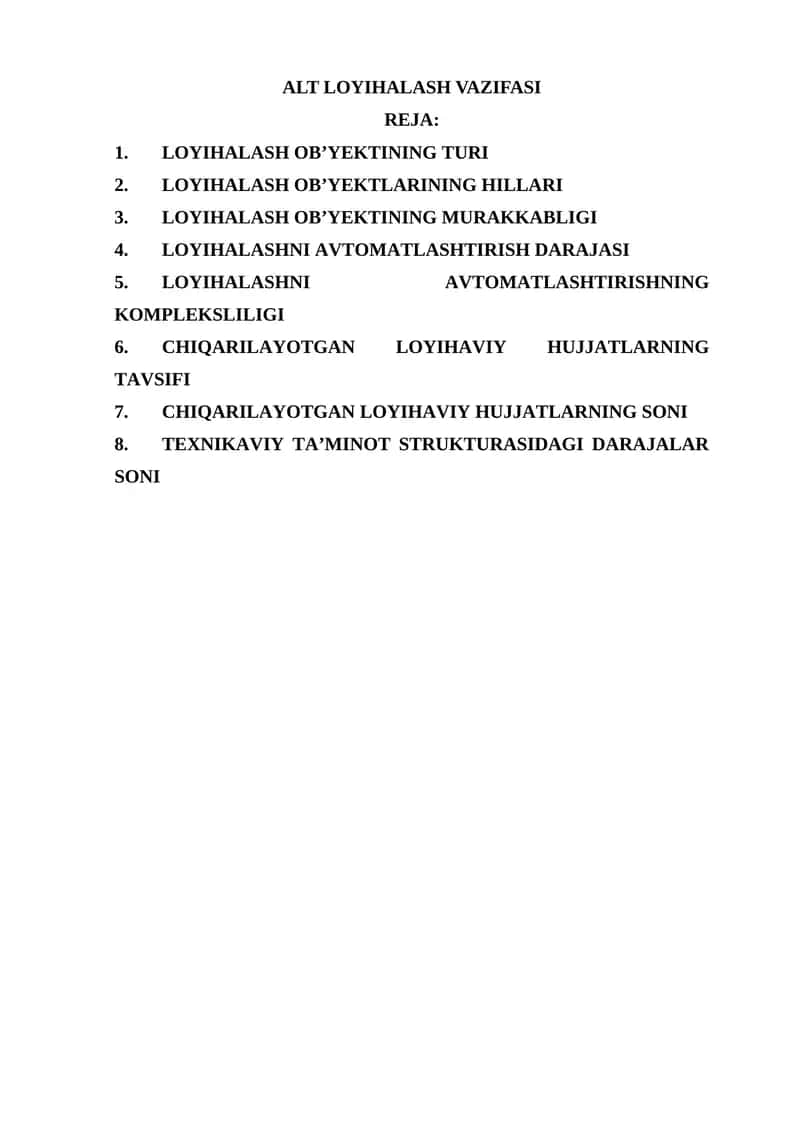 ALT LOYIHALASH VAZIFASI