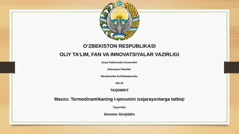 Termodinamikaning I-qonunini izojarayonlarga tatbiqi