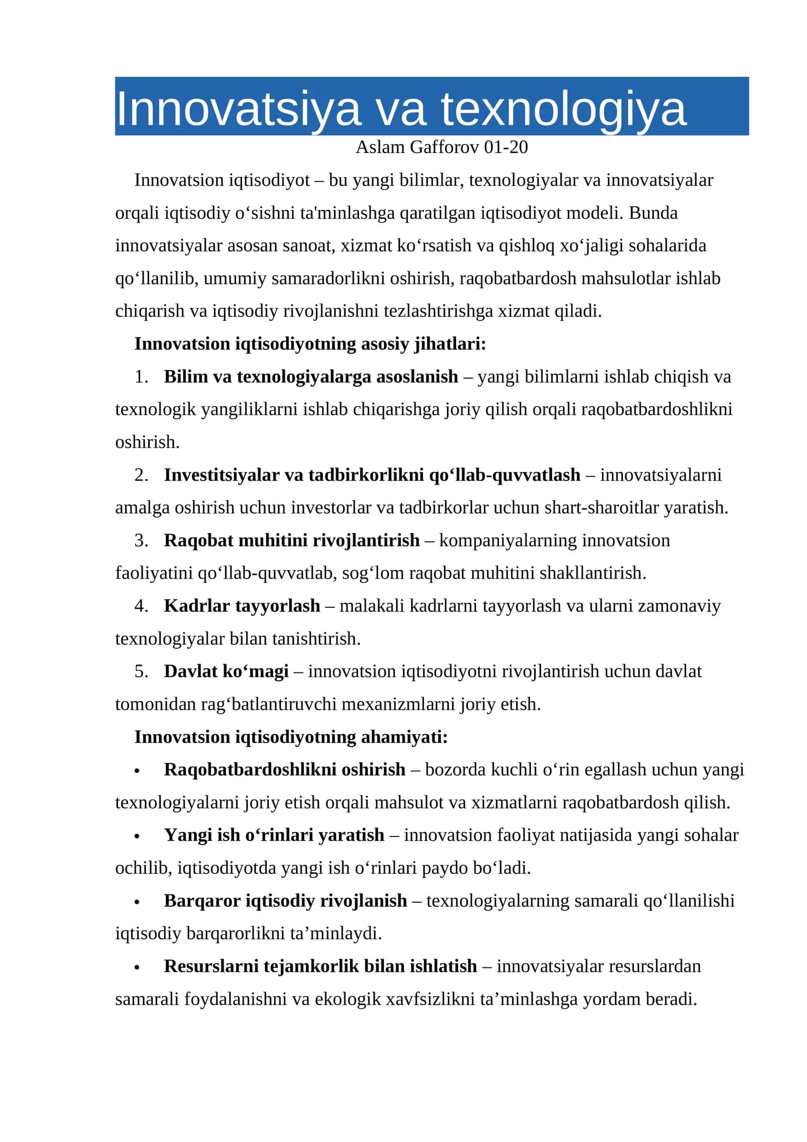 Innovatsiya va texnologiya