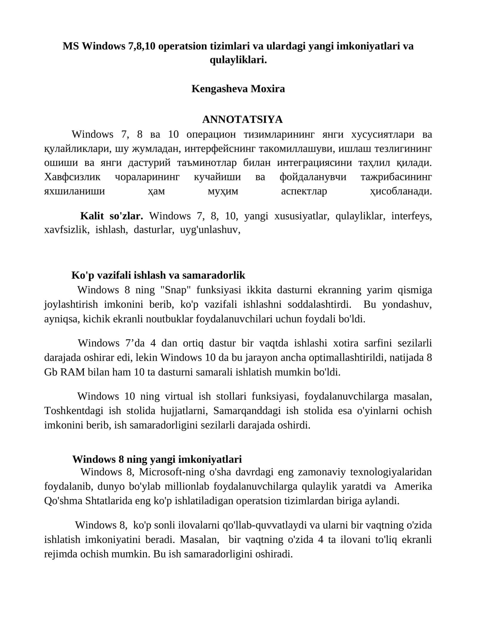 MS Windows 7,8,10 operatsion tizimlari