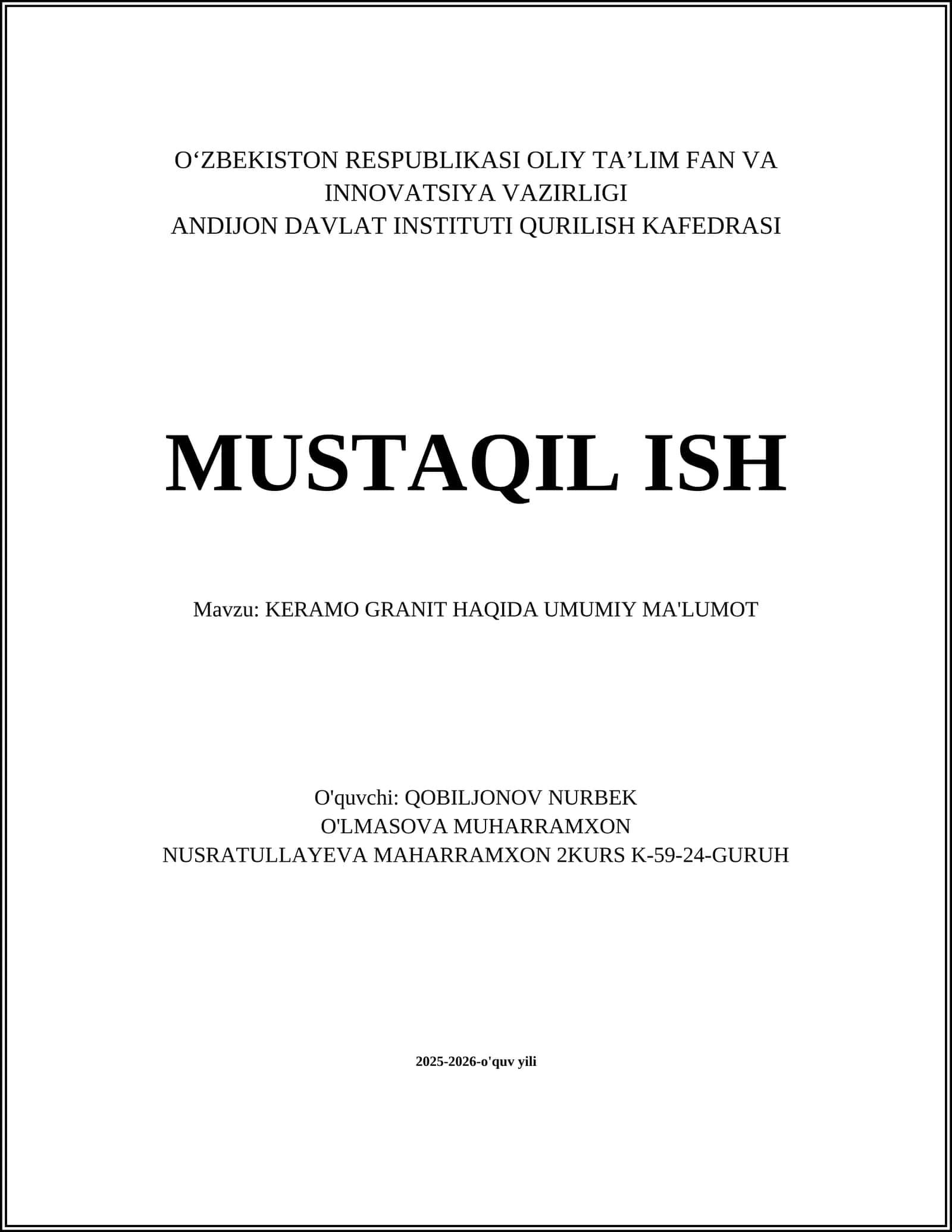 KERAMO GRANIT HAQIDA UMUMIY MA'LUMOT