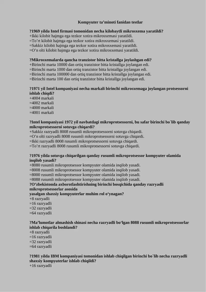 Kompyuter ta'minoti fanidan testlar