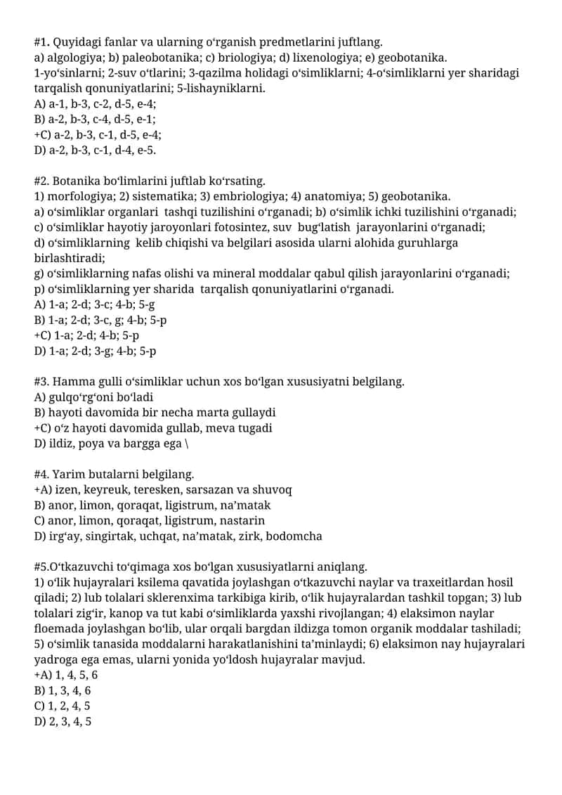 Botanika Fanlari Test Savollari