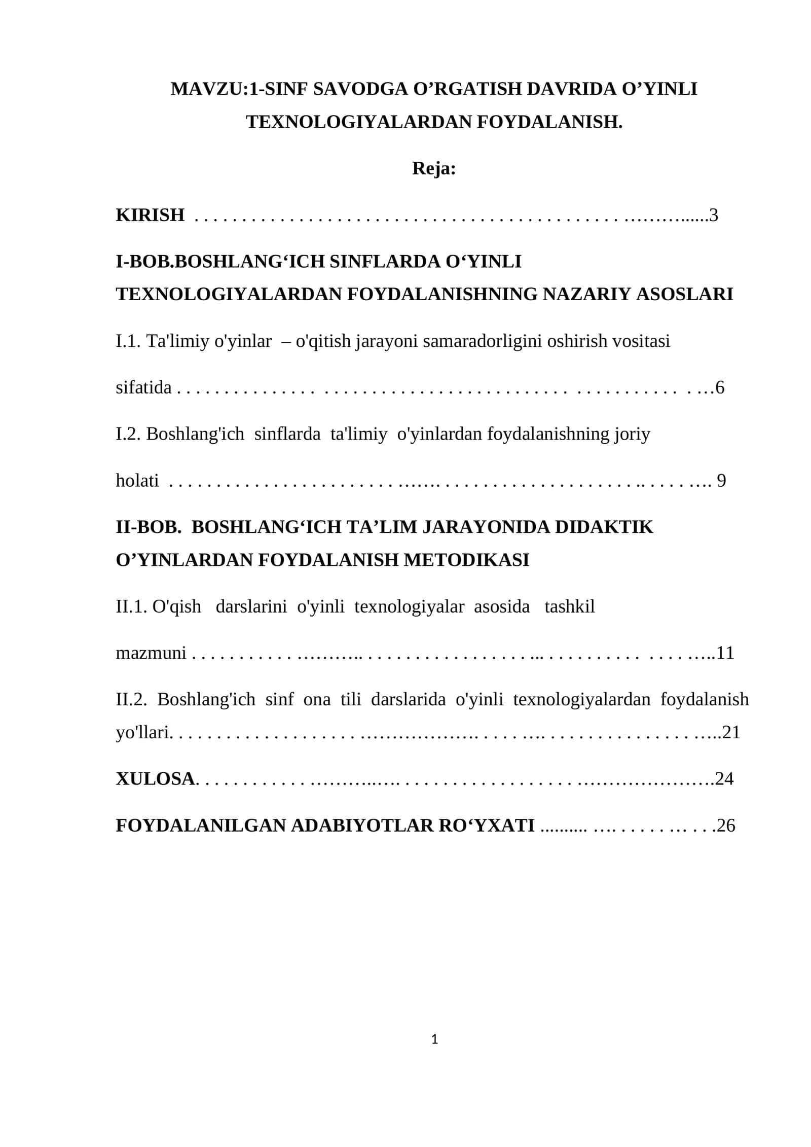 1-SINF SAVODGA O’RGATISH DAVRIDA O’YINLI TEXNOLOGIYALARDAN FOYDALANISH