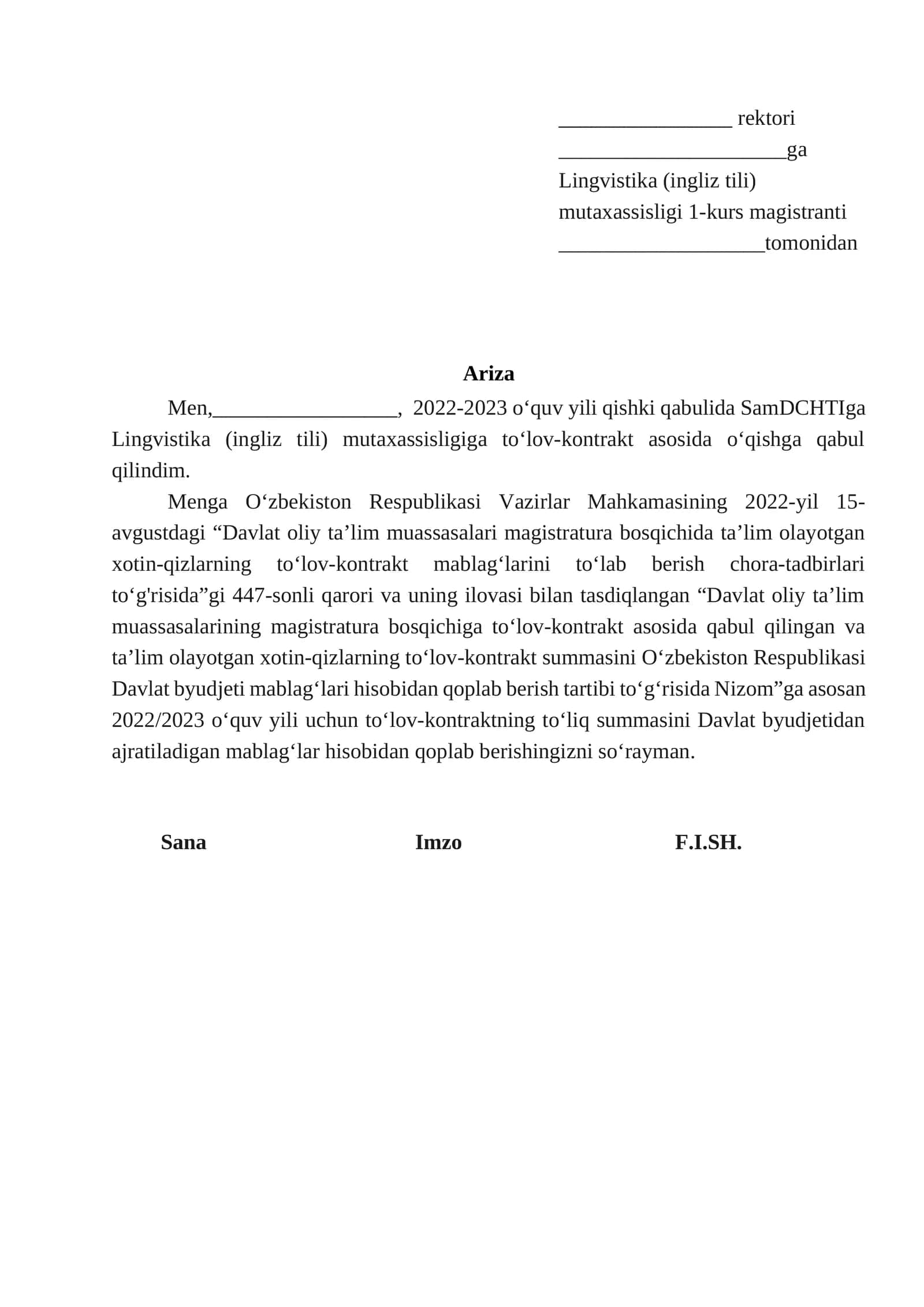 Magistratura kontrakt qoplash ariza NAMUNASI