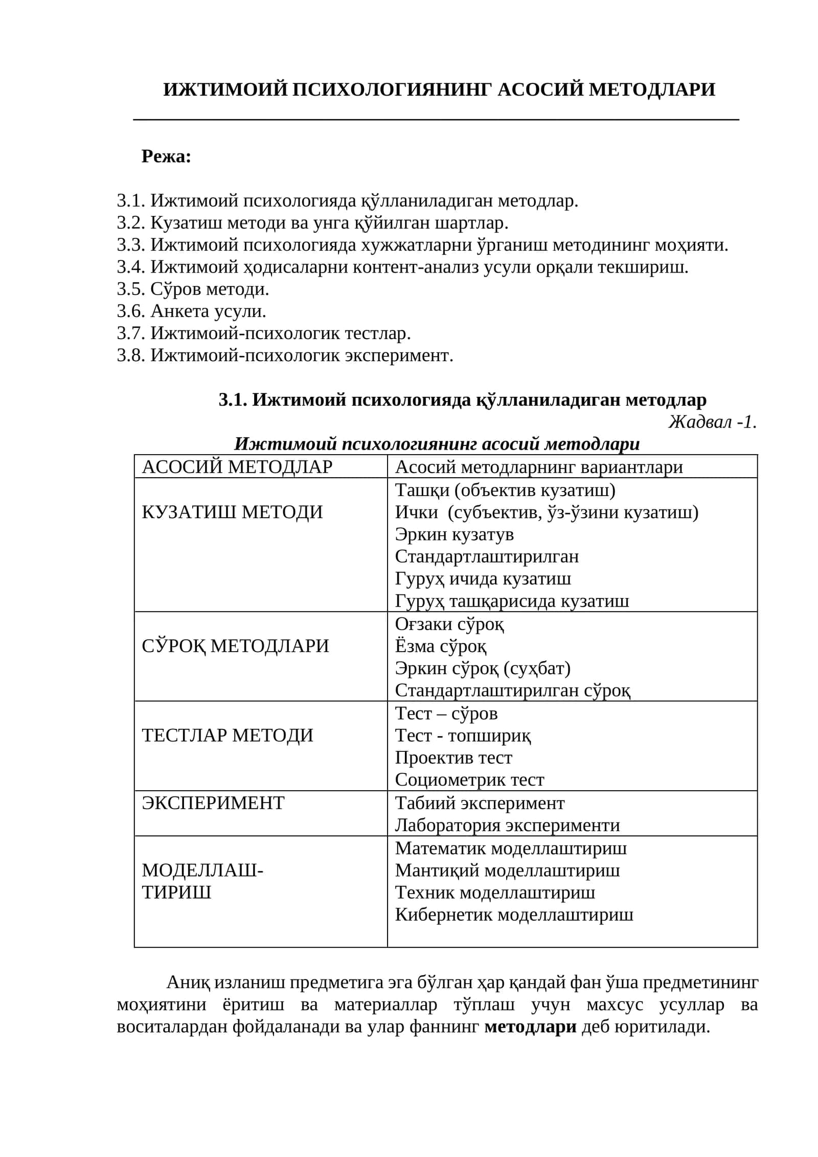 Ижтимоий психологиянинг асосий методлари