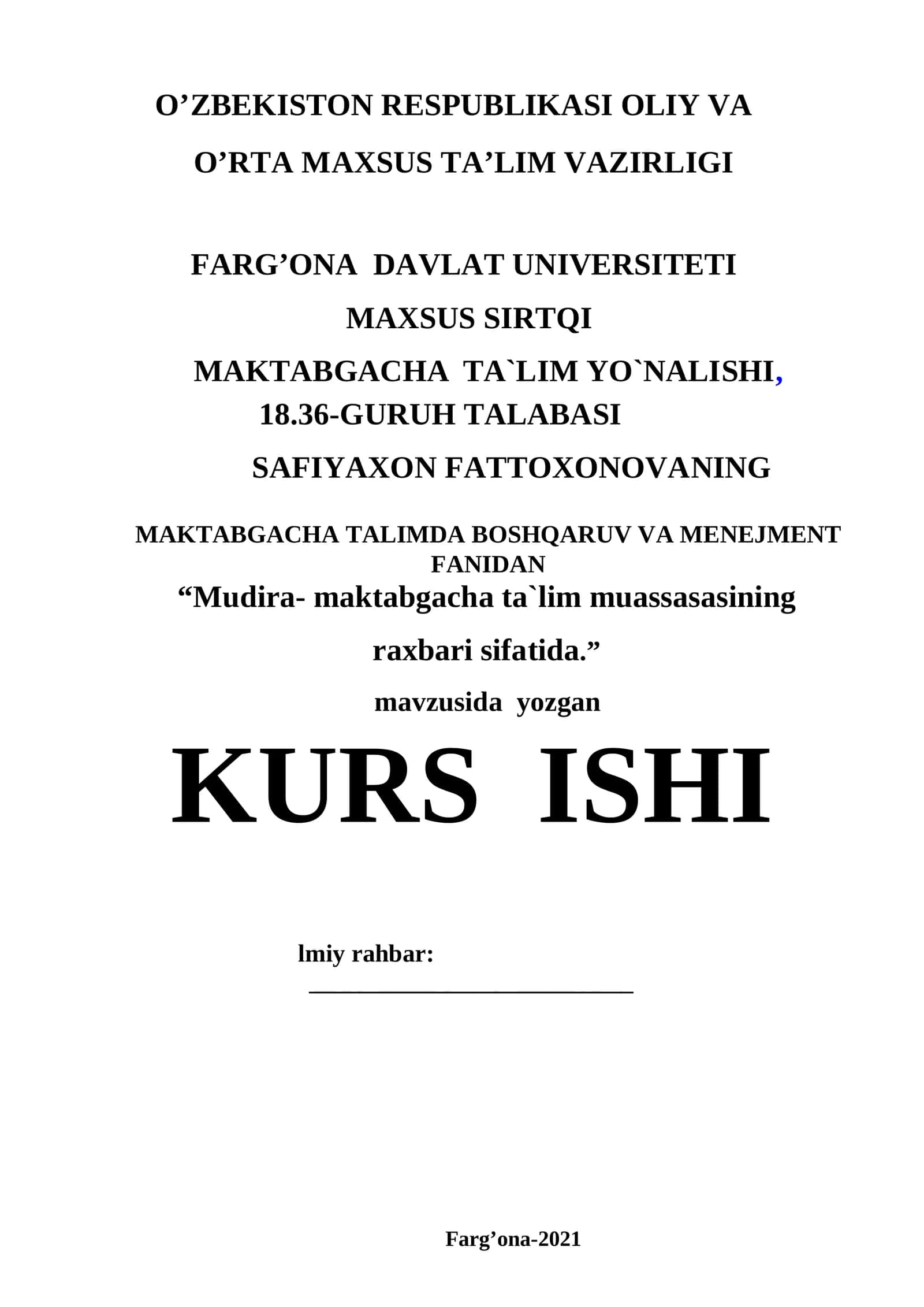 “Mudira- maktabgacha ta`lim muassasasining raxbari sifatida.” KURS ISHI