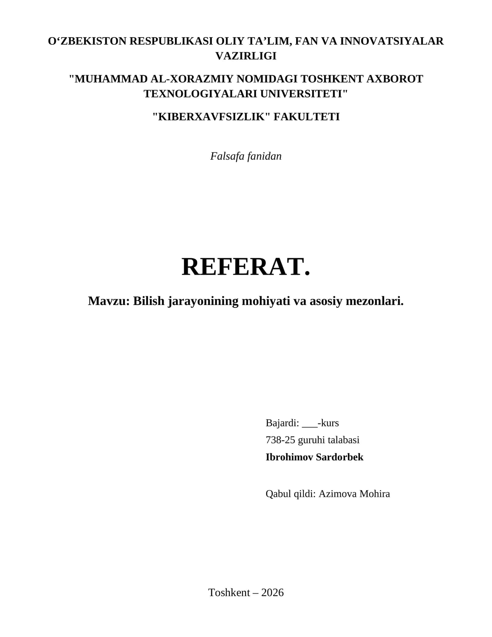 Bilish jarayonining mohiyati va asosiy mezonlari.
