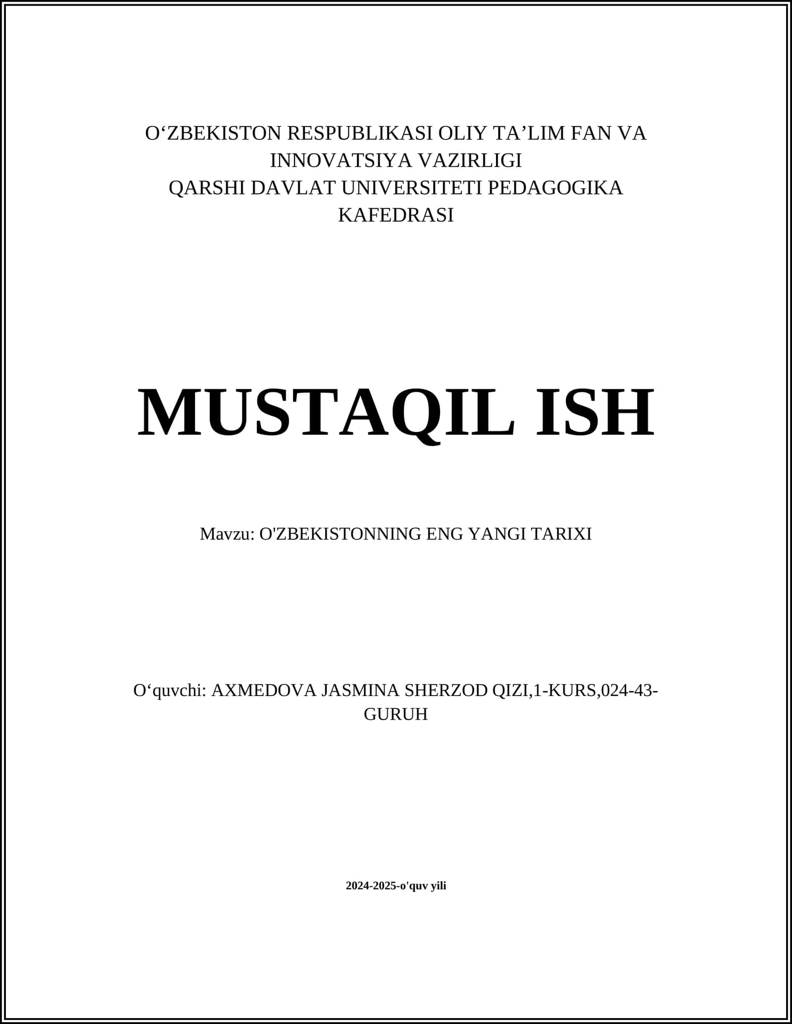 O'ZBEKISTONNING ENG YANGI TARIXI