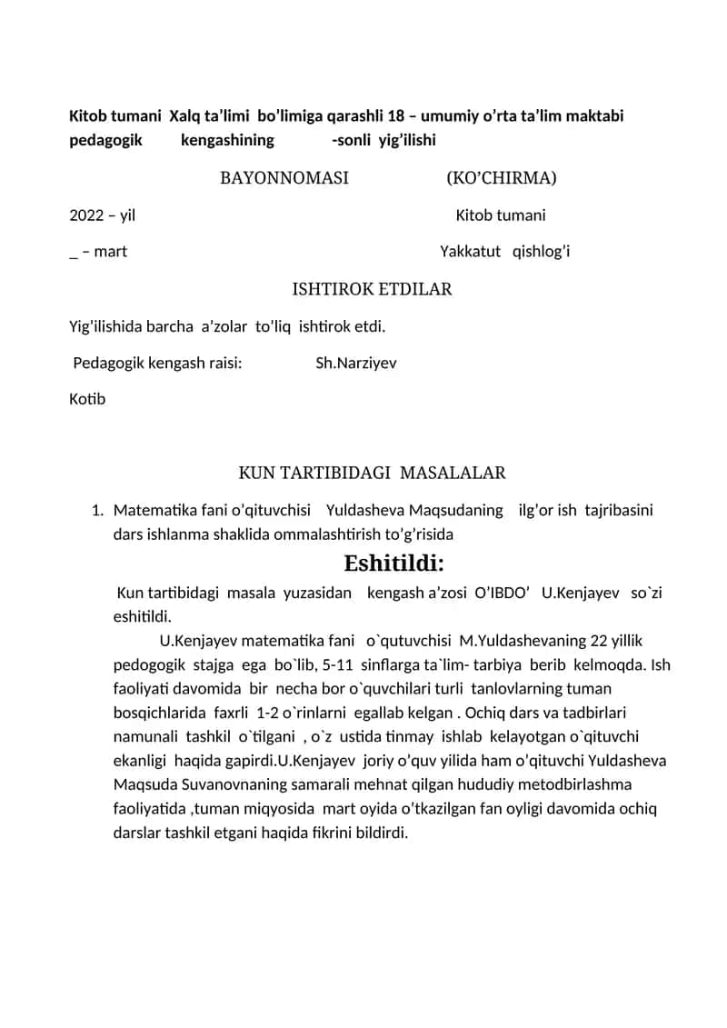 Yig’ilishida barcha a’zolar to’liq ishtirok etdi