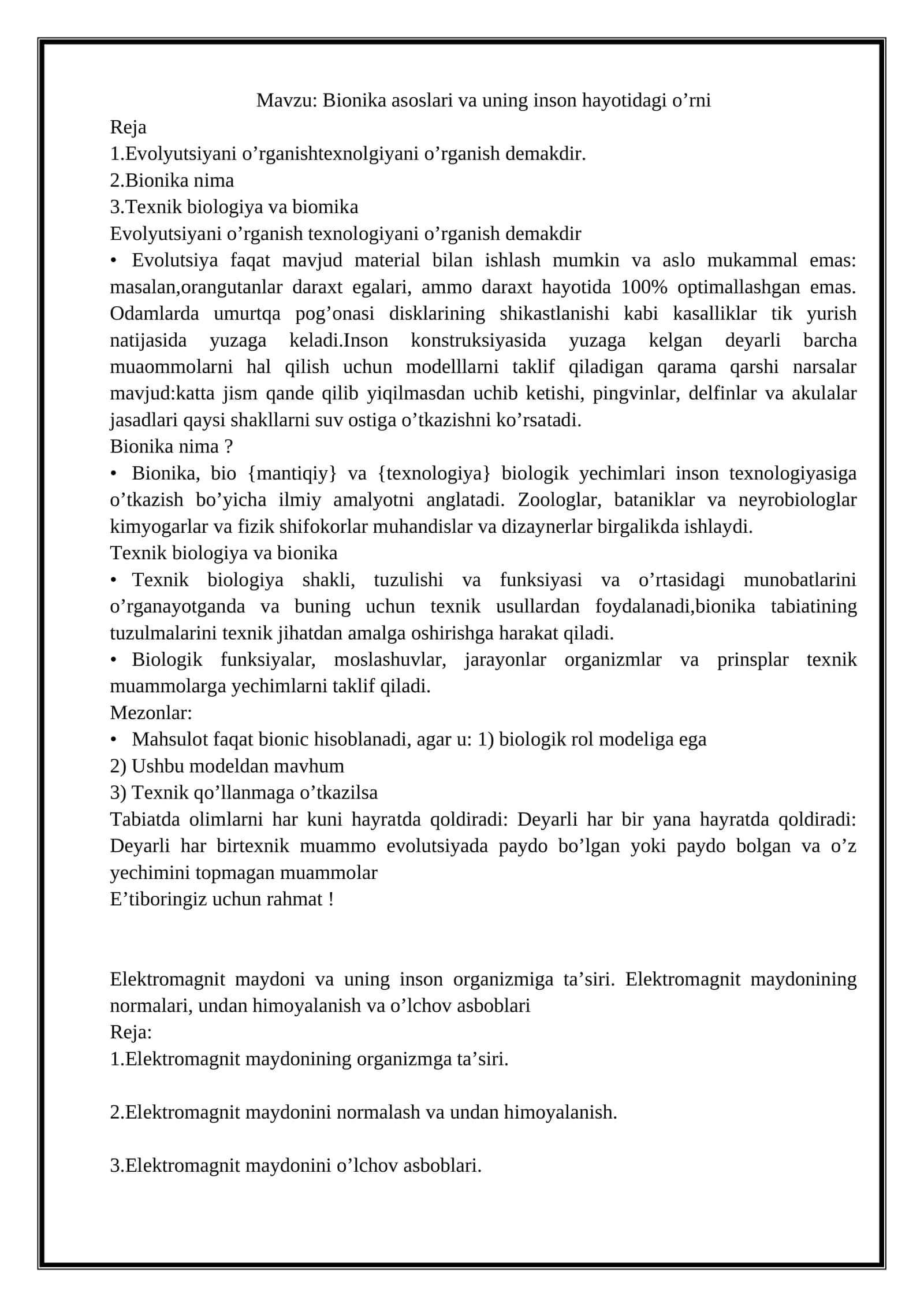 Bionika asoslari va uning inson hayotidagi o'rn