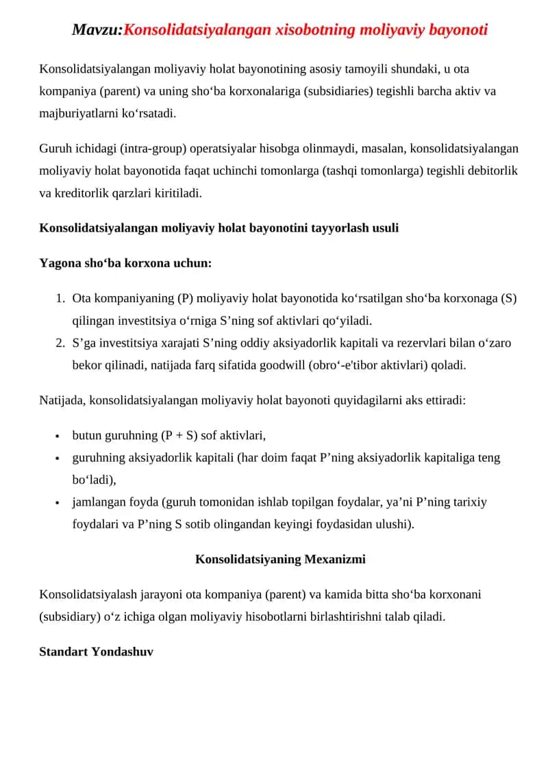 Konsolidatsiyalangan xisobotning moliyaviy bayonoti