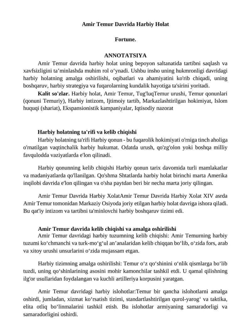 Amir Temur Davrida Harbiy Holat