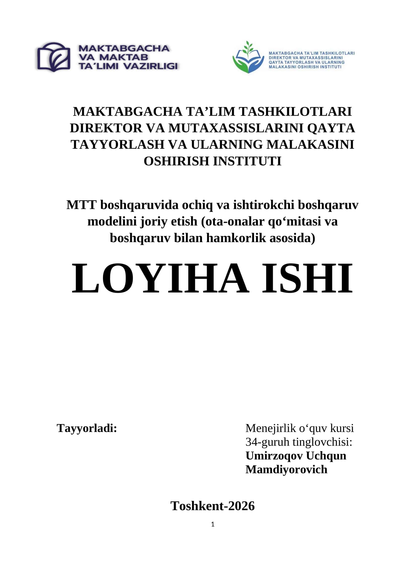 Maktabgacha ta'lim muassasasi boshqaruvi uchun loyiha