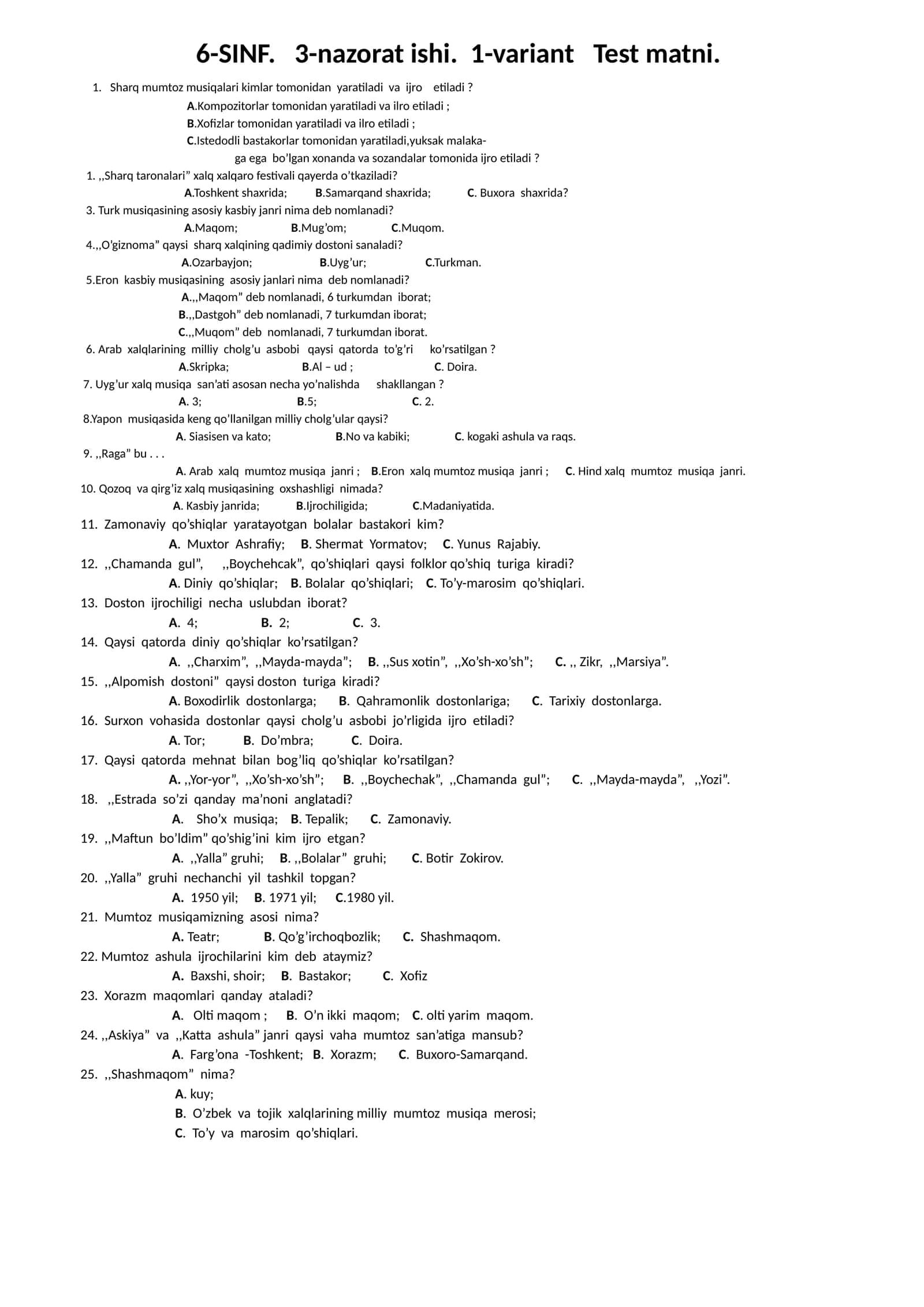 6-SINF. 3-nazorat ishi. 1-variant Test matni