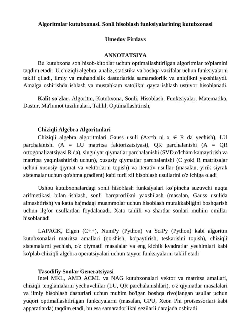 Algoritmlar kutubxonasi. Sonli hisoblash funksiyalarining kutubxonasi