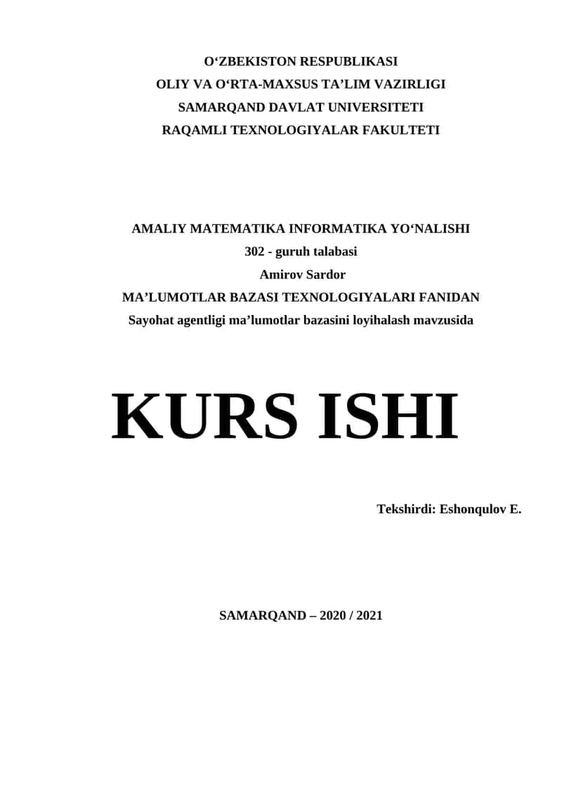 Sayohat agentligi ma’lumotlar bazasini loyihalash