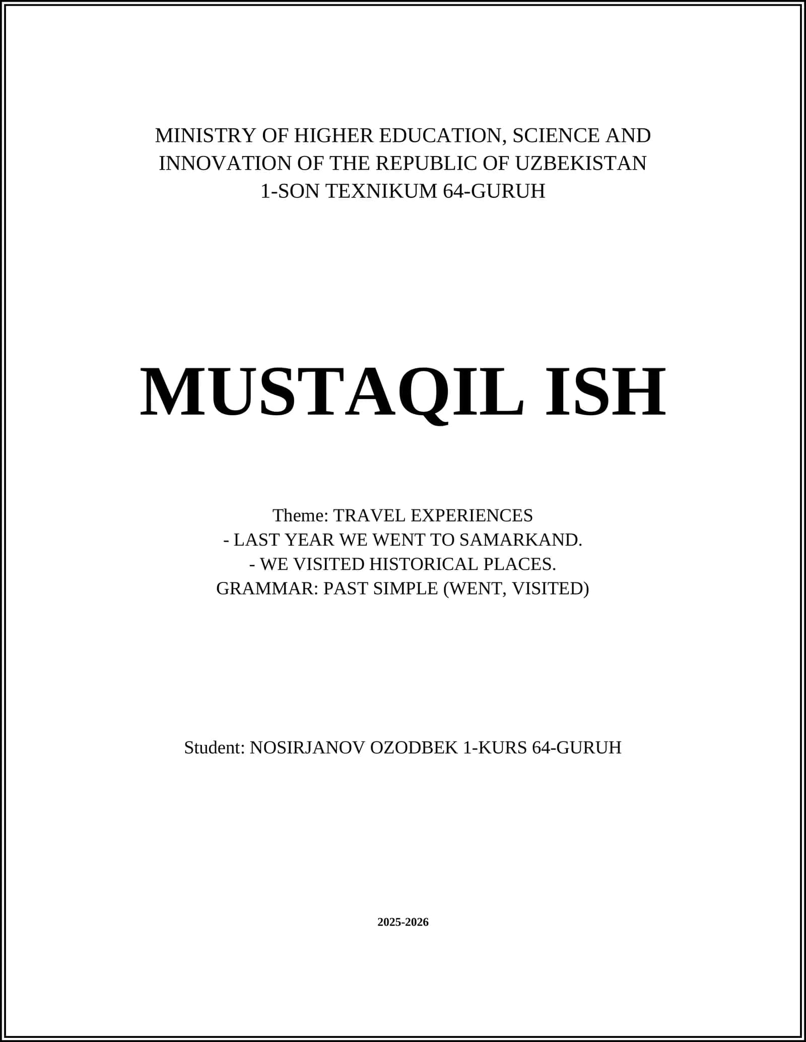 1-SON TEXNIKUM 64-GURUH MUSTAQIL ISH