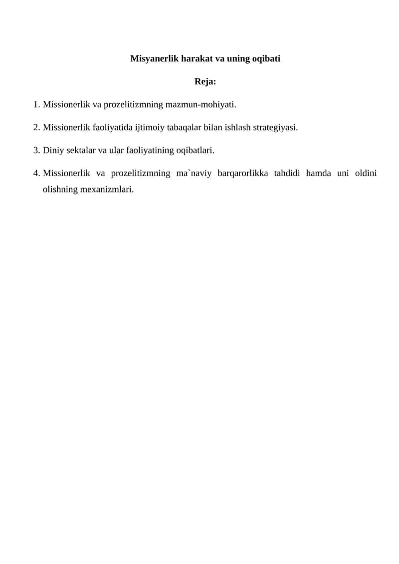 Missionerlik harakati va uning oqibati