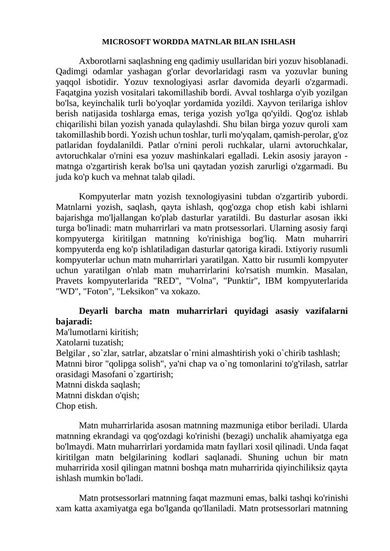 MICROSOFT WORDDA MATNLAR BILAN ISHLASH