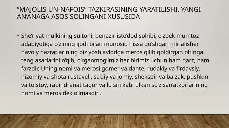 “Majolis un-nafois” tazkirasining yaratilishi, yangi an’anaga asos solingani xususida