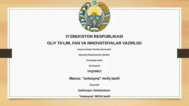 "avtooyna" mchj tasifi