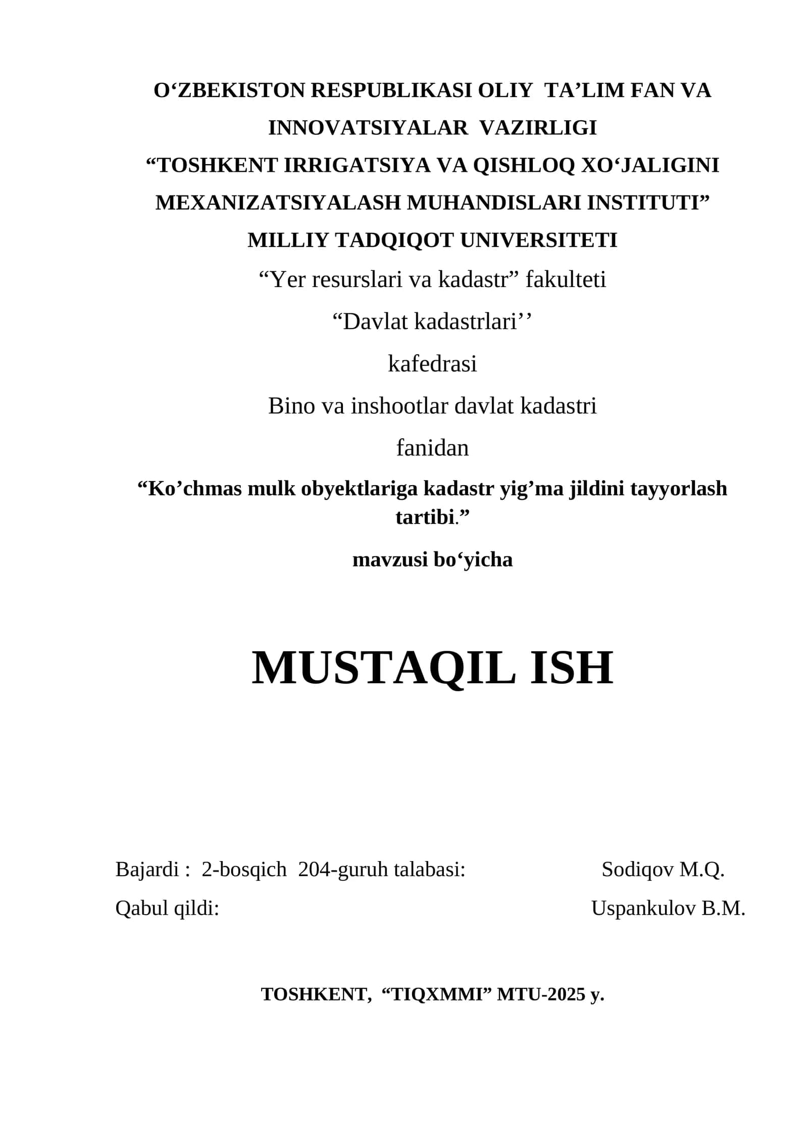Ko‘chmas mulk obyektlariga kadastr yig’ma jildini tayyorlash tartibi