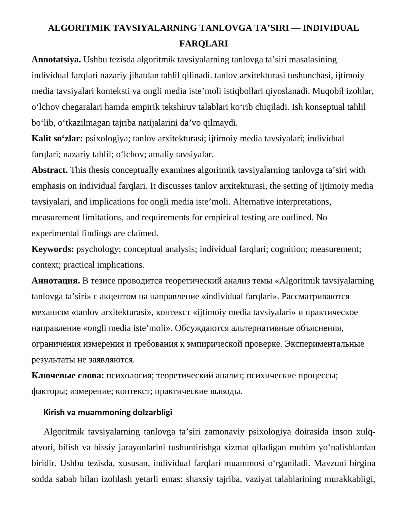 ALGORITMIK TAVSIYALARNING TANLOVGA TA’SIRI — INDIVIDUAL FARQLARI