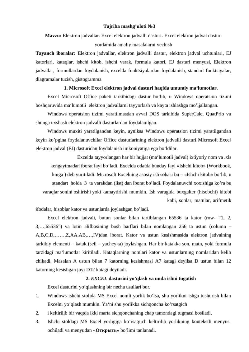 Elektron jadvallar. Excel elektron jadvalli dasturi. Excel elektron jadval dasturi yordamida amaliy masalalarni yechish