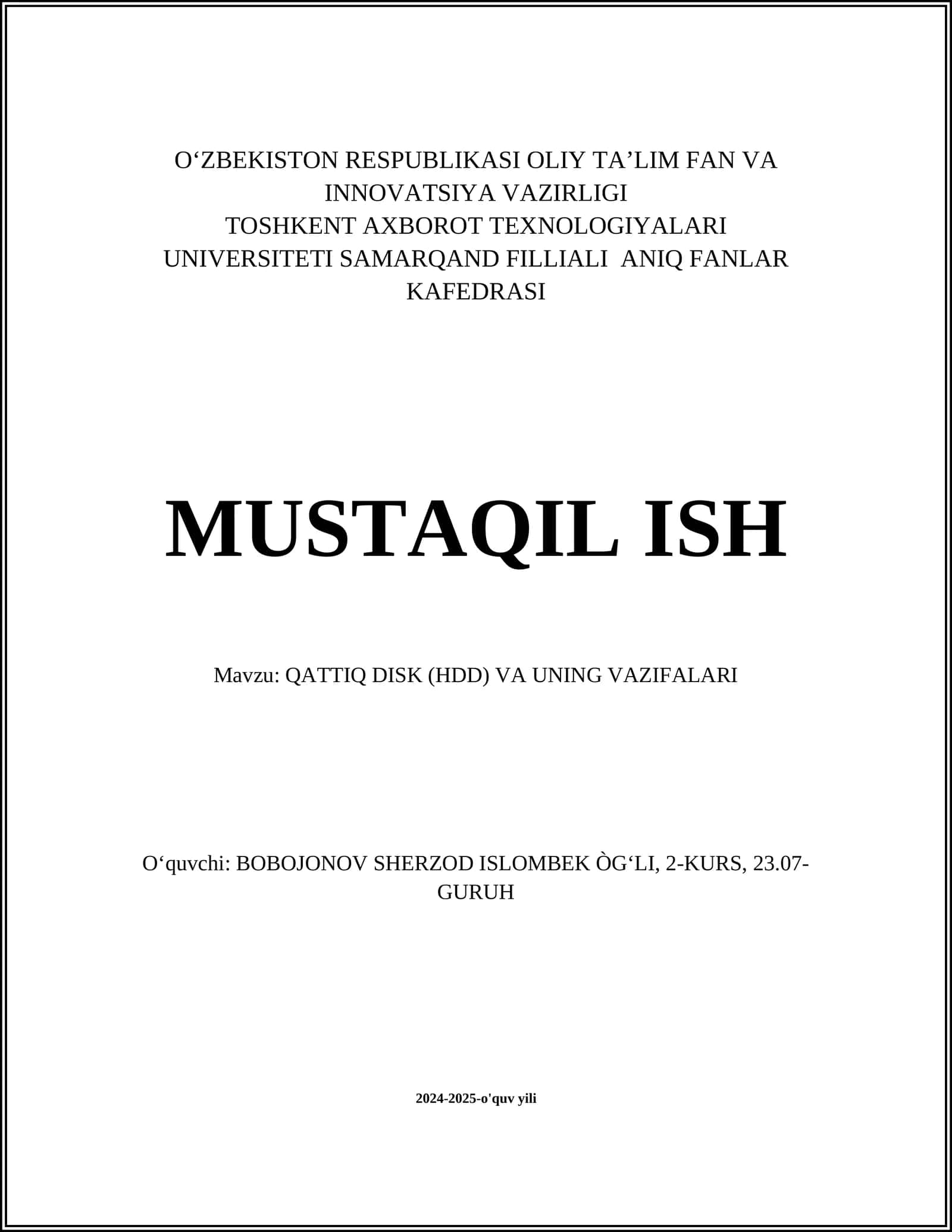 QATTIQ DISK (HDD) VA UNING VAZIFALARI