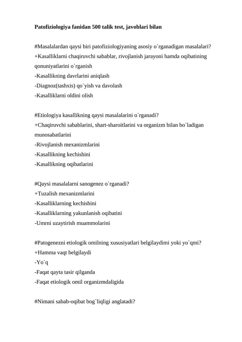 Patofiziologiya fanidan 500 talik test, javoblari bilan