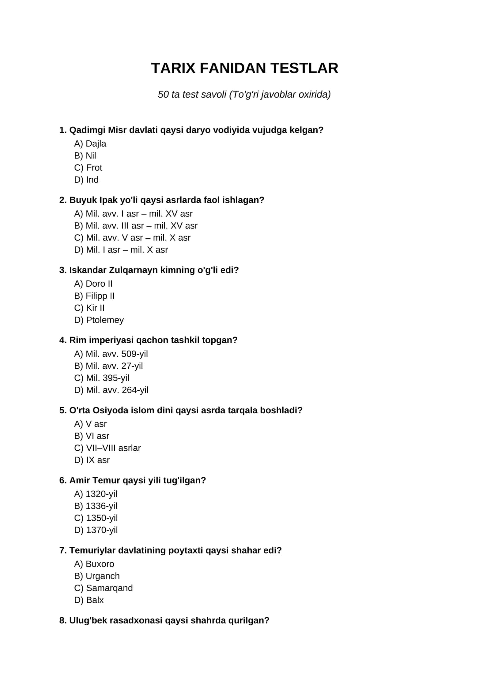 TARIX FANIDAN TESTLAR