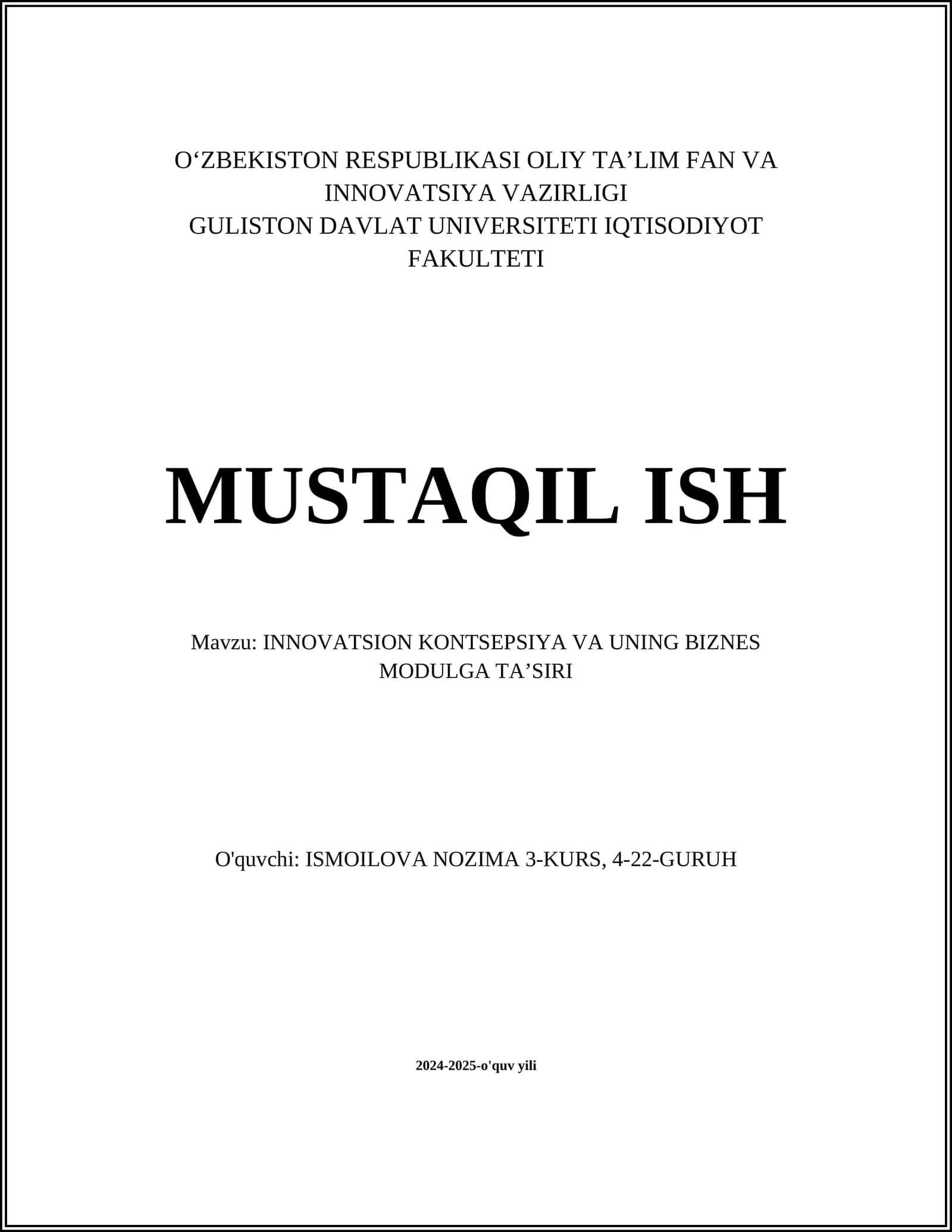 INNOVATSION KONTSEPSIYA VA UNING BIZNES MODULGA TAʼSIRI