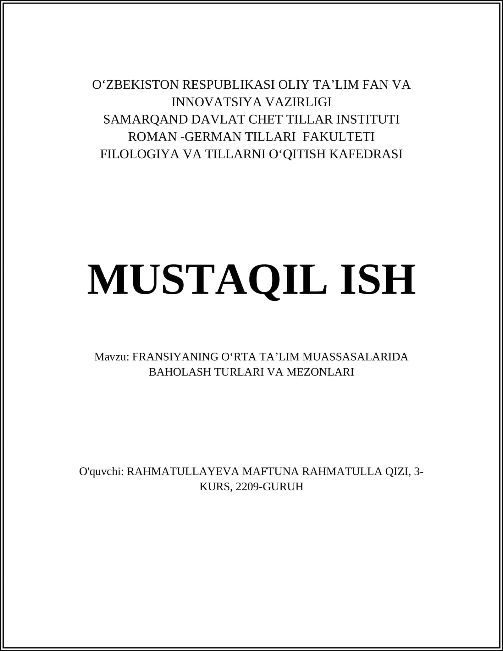 FRANSIYANING OʻRTA TAʼLIM MUASSASALARIDA BAHOLASH TURLARI VA MEZONLARI