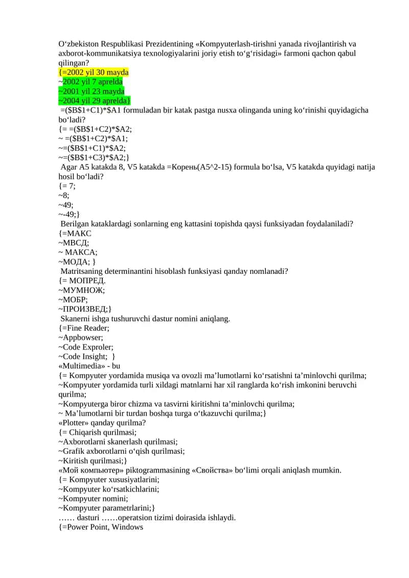 Informatika fanidan 400 ta test savollari va javoblari.