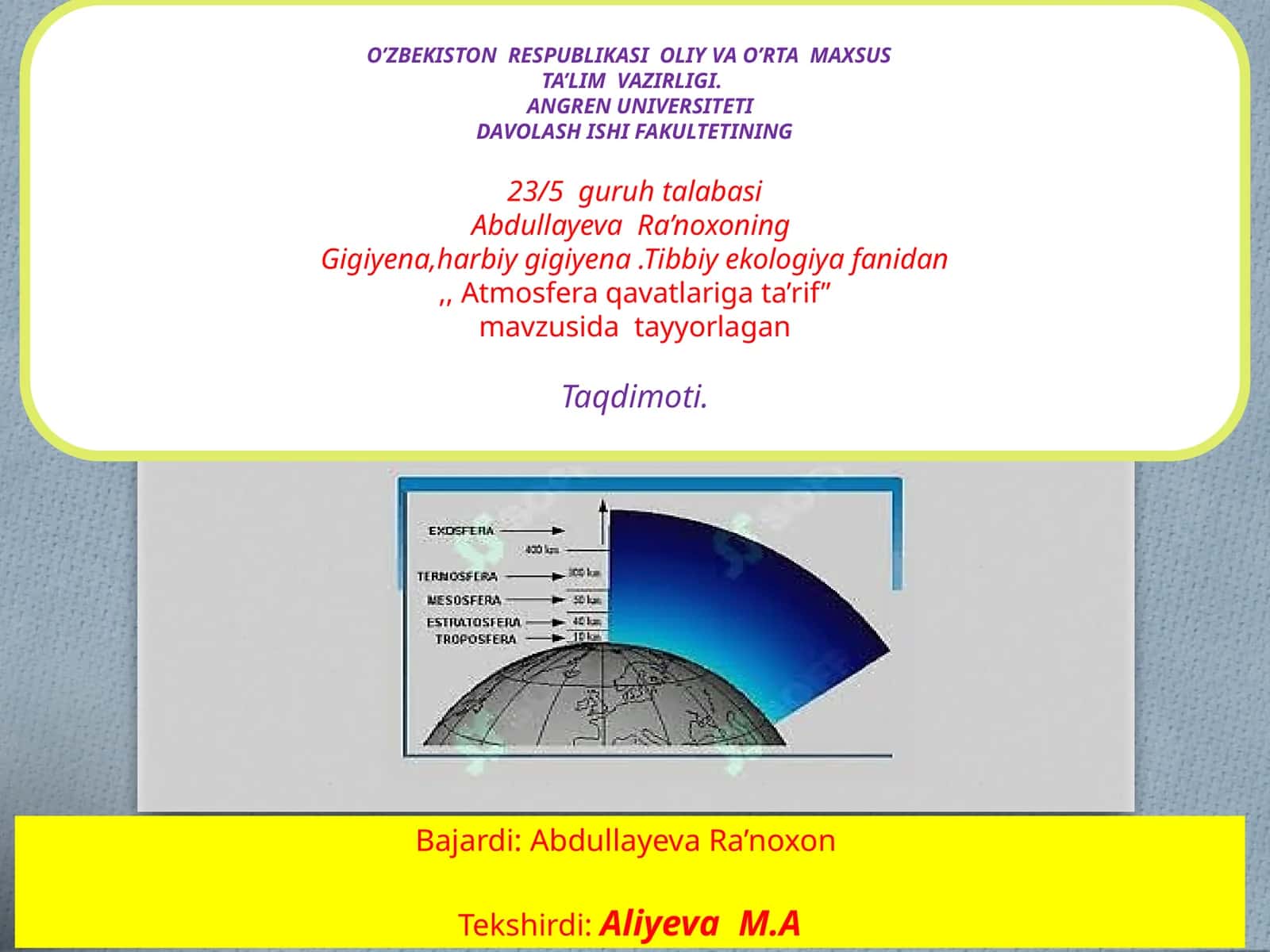 Gigiyena, harbiy gigiyena, Tibbiy ekologiya fanidagi "Atmosfera qavatlariga ta'rif"