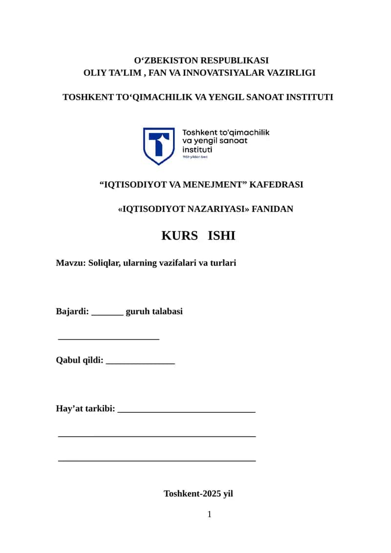 Soliqlar, ularning vazifalari va turlari