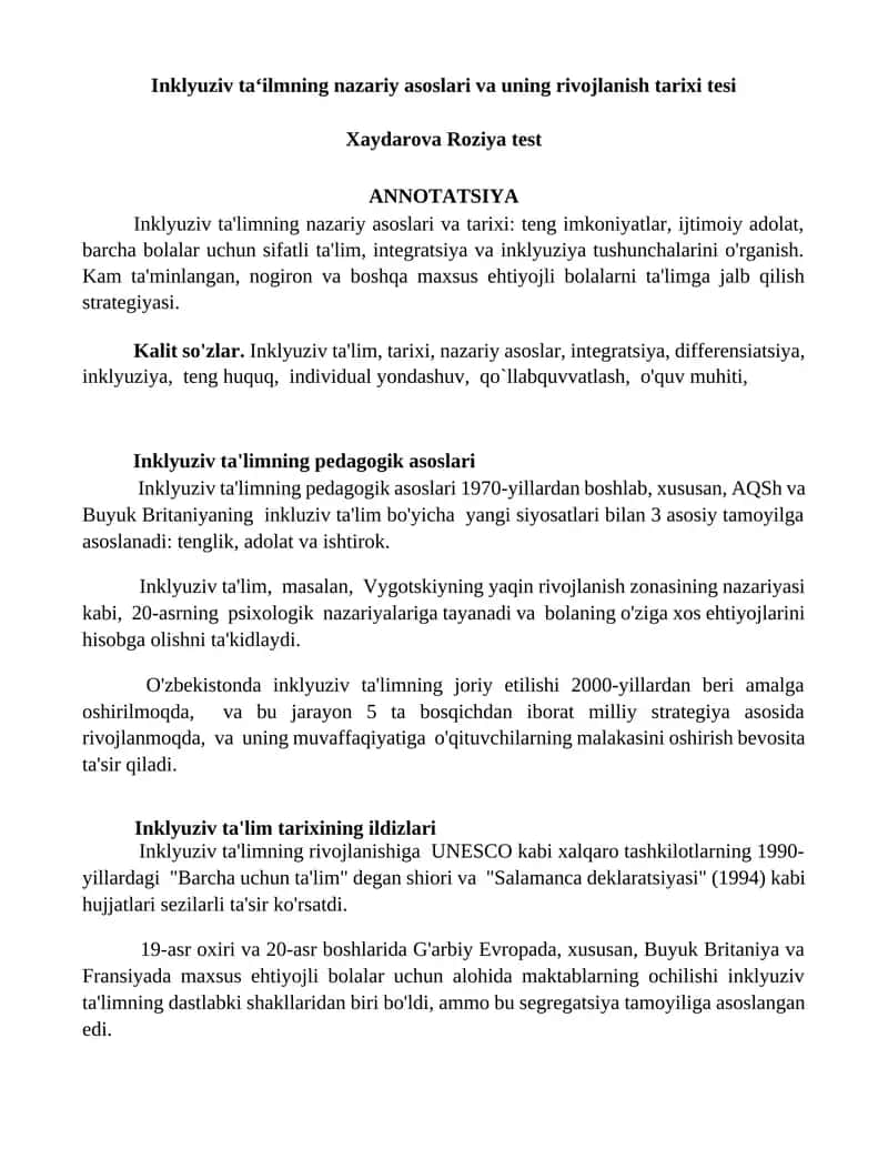 Inklyuziv ta‘ilmning nazariy asoslari va uning rivojlanish tarixi tesi