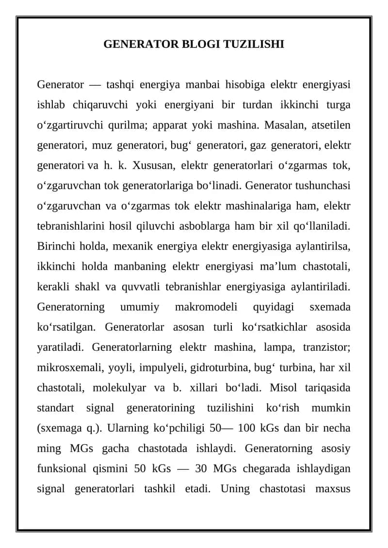 GENERATOR BLOGI TUZILISHI