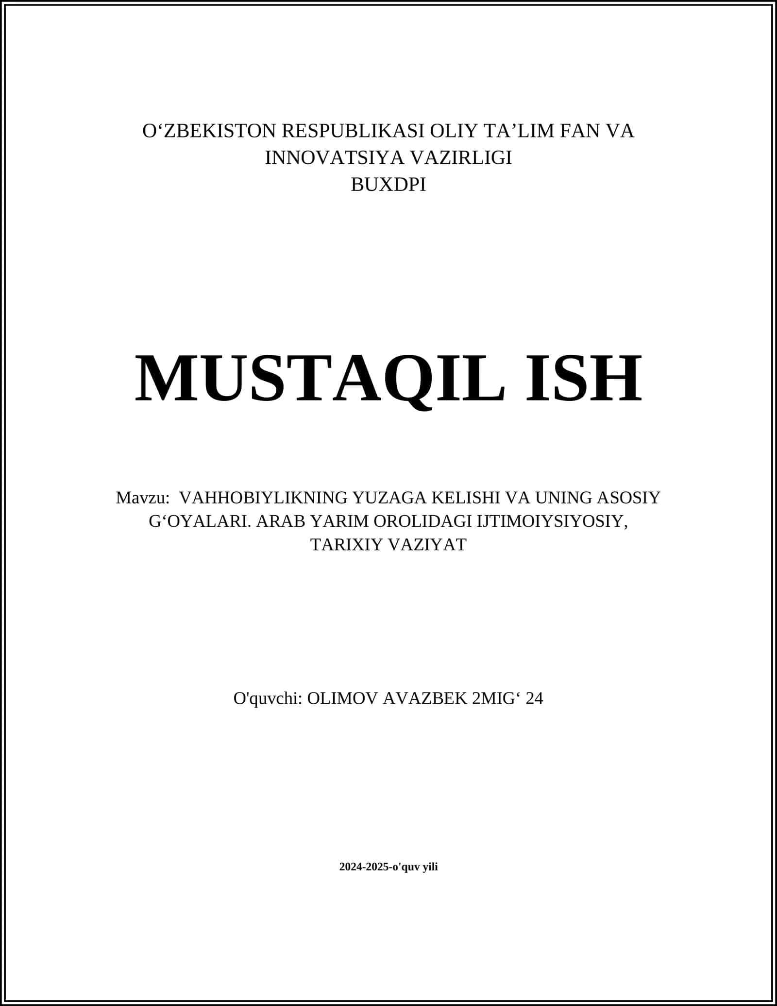 VAHHOBIYLIKNING YUZAGA KELISHI VA UNING ASOSIY G‘OYALARI