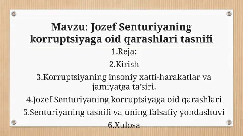 Jozef Senturiyaning korruptsiyaga oid qarashlari tasnifi