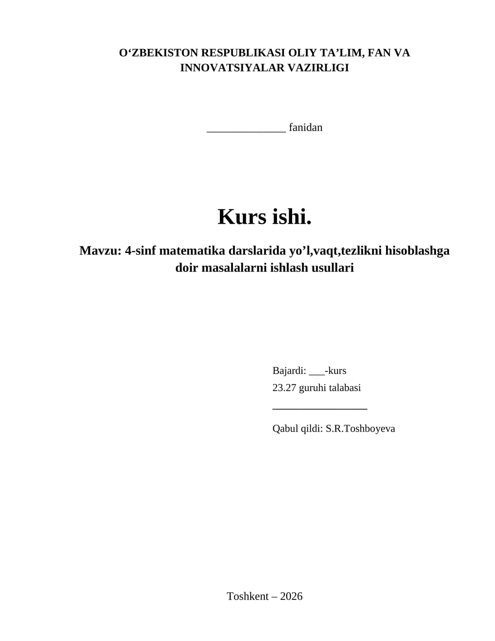 4-sinf matematika darslarida yo’l,vaqt,tezlikni hisoblashga doir masalalarni ishlash usullari