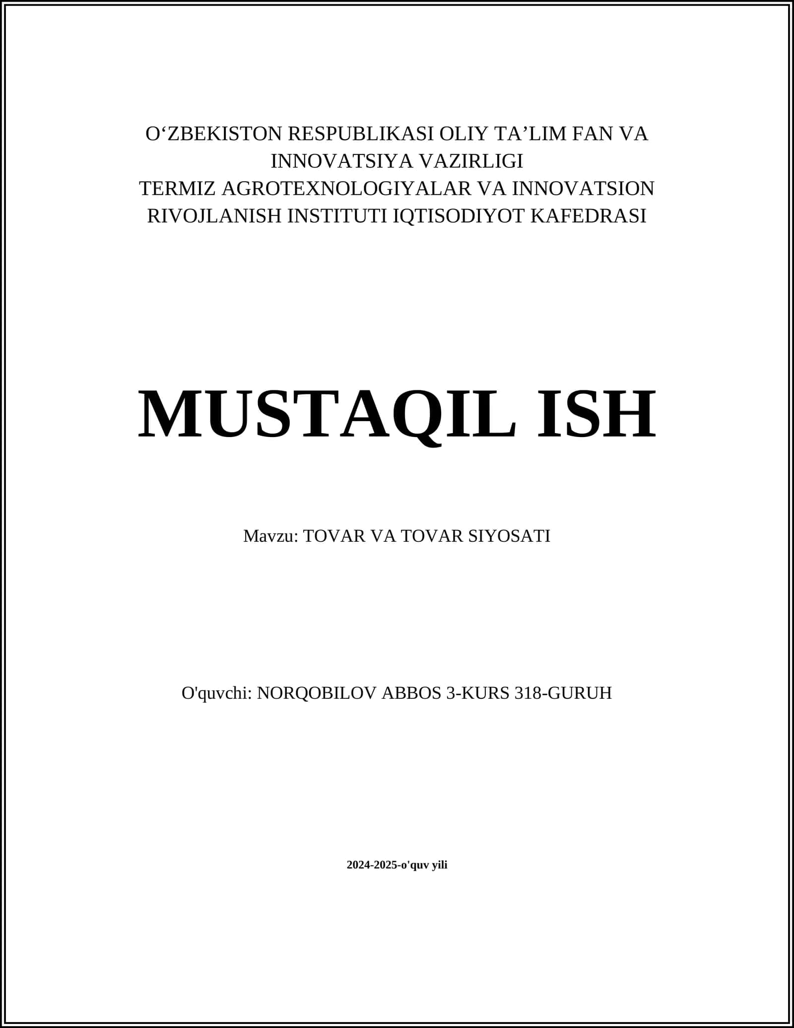 TOVAR VA TOVAR SIYOSATI