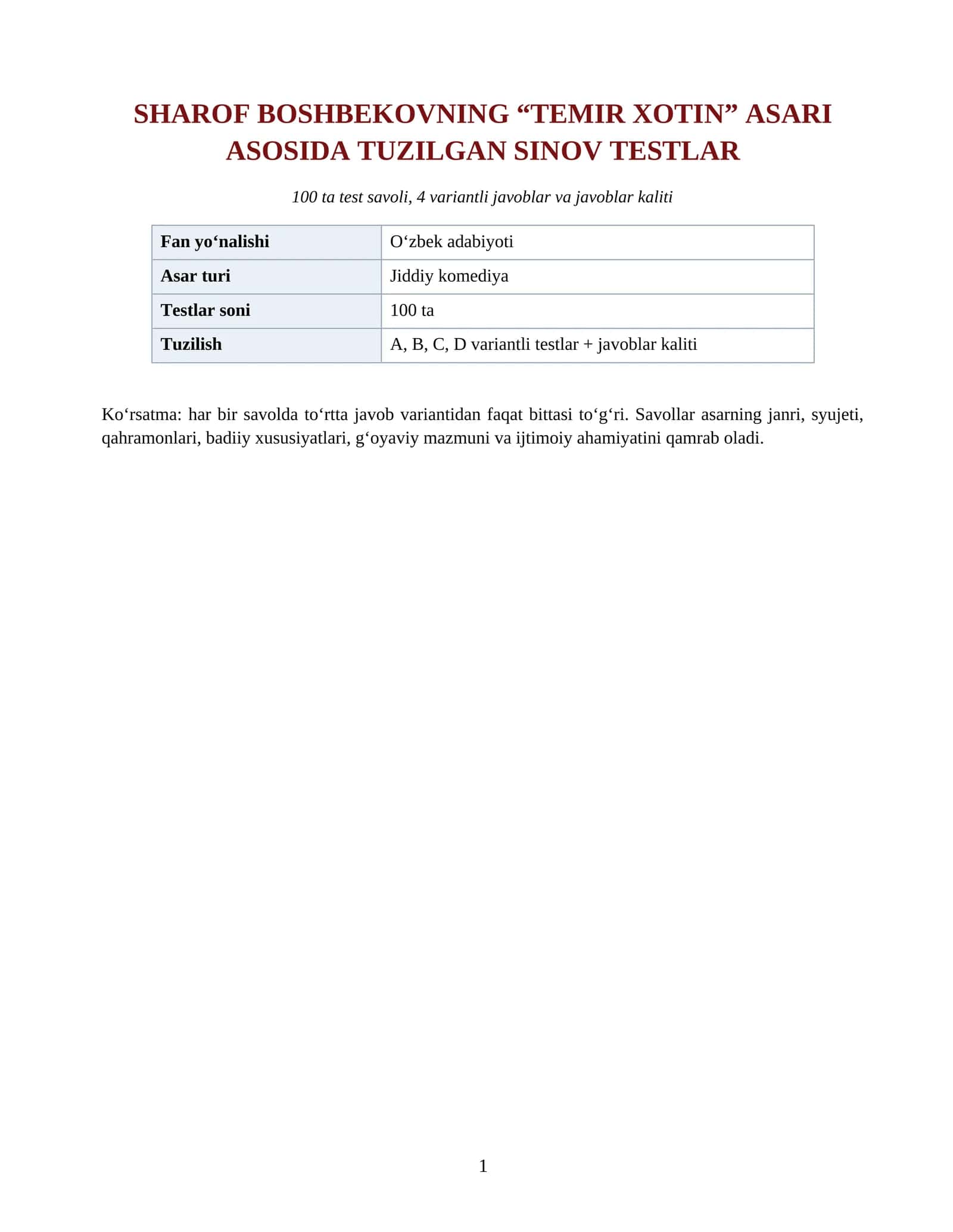 SHAROF BOSHBEKOVNING “TEMIR XOTIN” ASARI