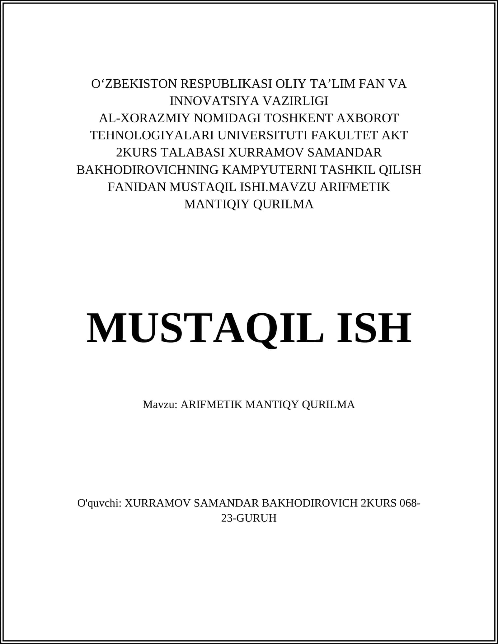 ARIFMETIK MANTIQIY QURILMA