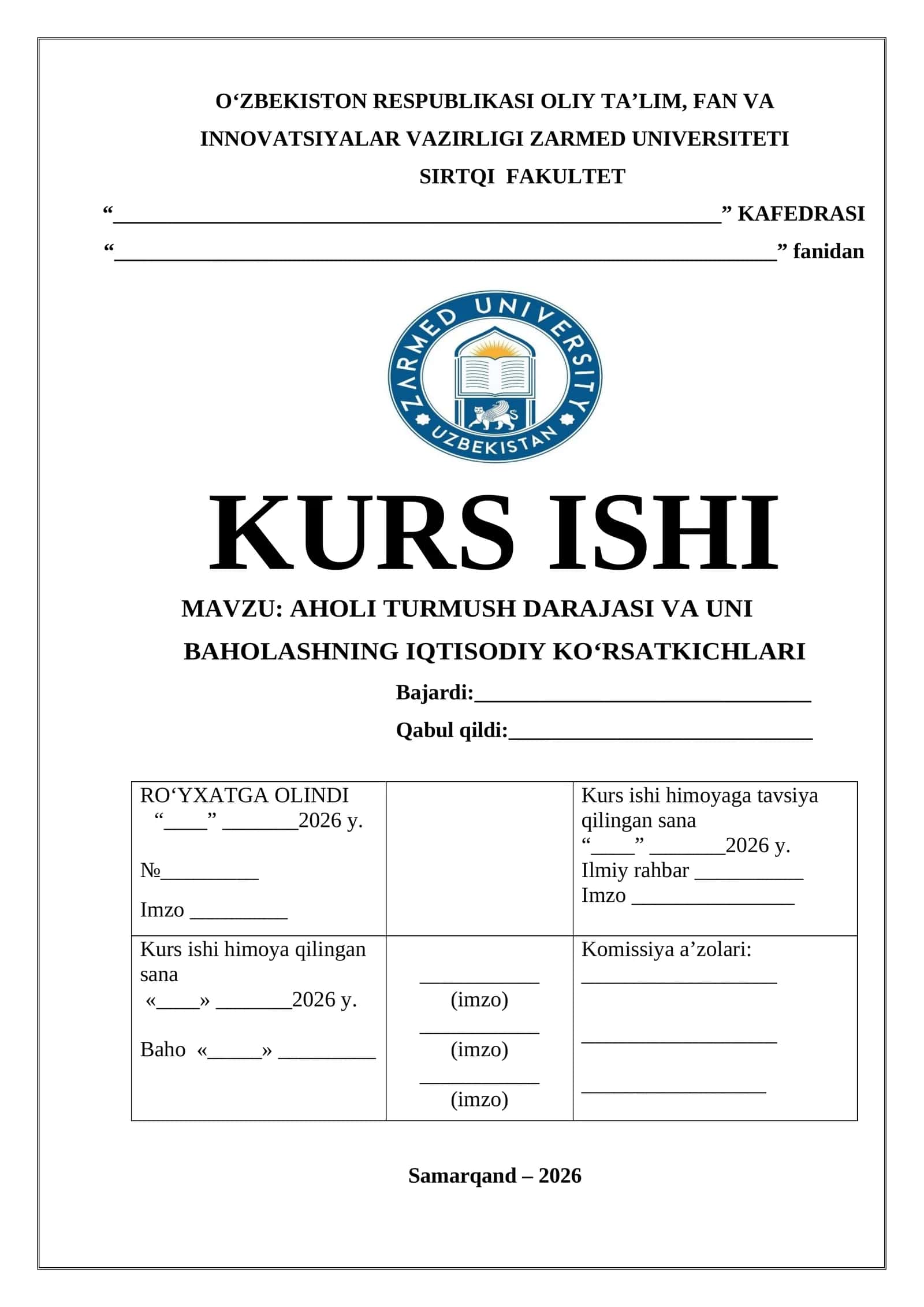 AHOLI TURMUSH DARAAJASI VA UNI BAHOLASHNING IQTISODIY KOʻRSATKICHLARI