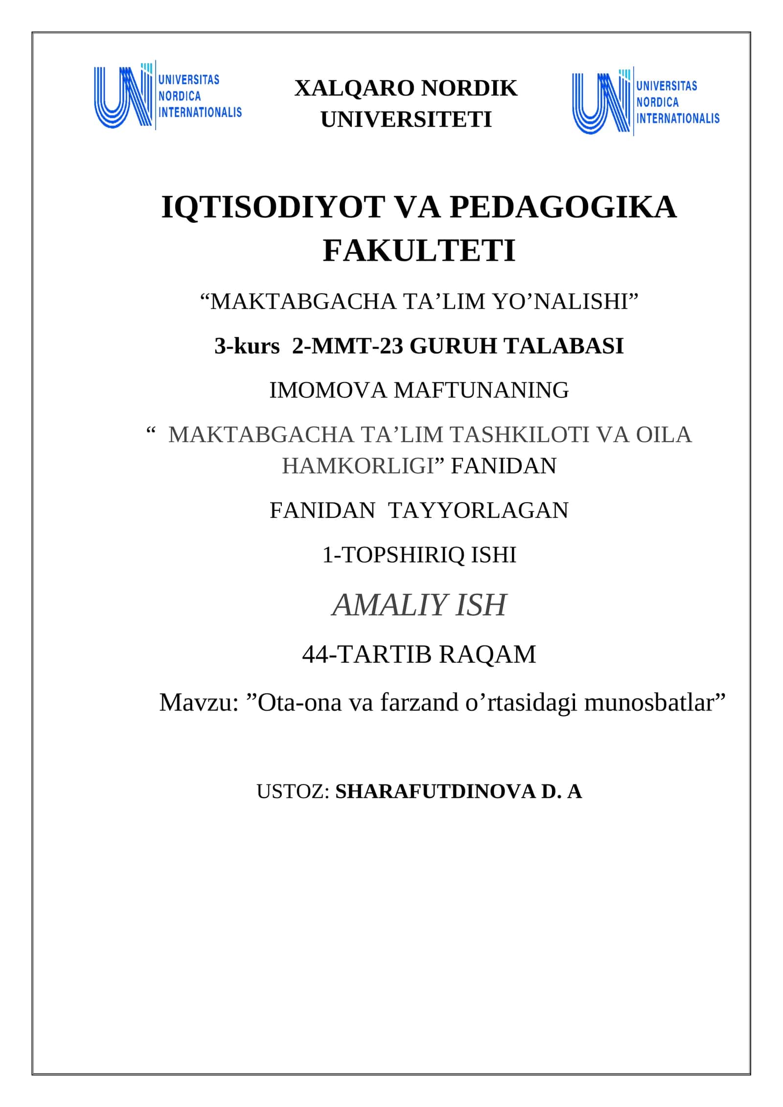 ”Ota-ona va farzand o’rtasidagi munosbatlar”