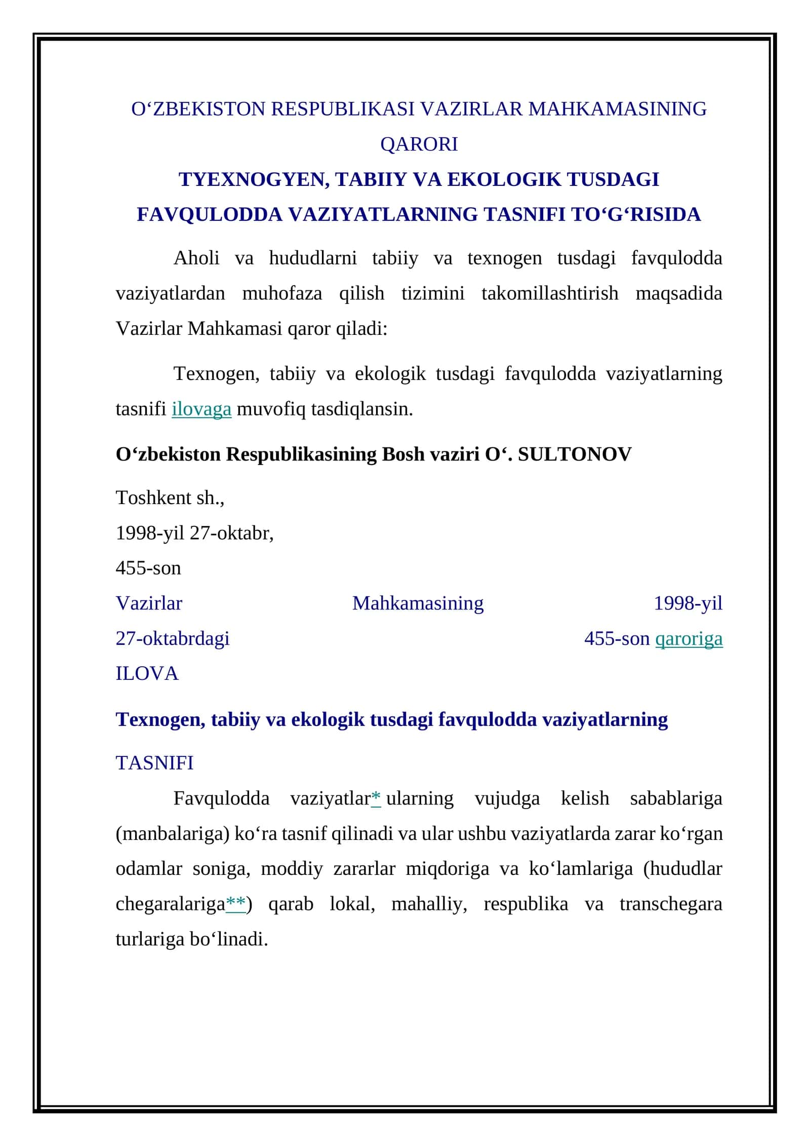 Texnogen, tabiiy va ekologik tusdagi favqulodda vaziyatlarning