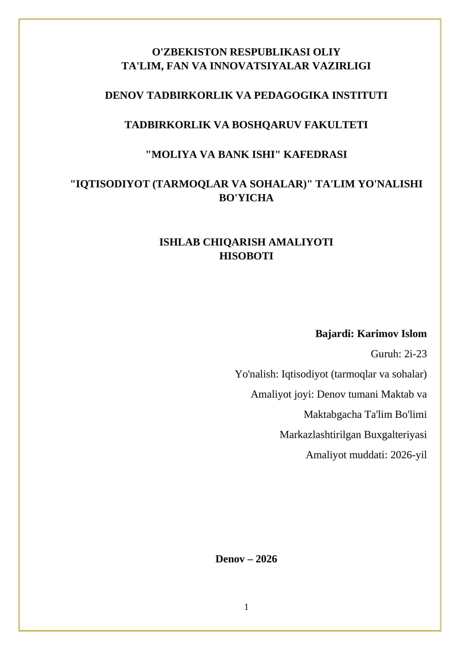 MAKTAB VA MAKTABGACHA TA'LIM DENOV TUMANI BO'LIMI MARKAZLASHTIRILGAN BUXGALTERIYASINING TASHKILIY TUZILISHI VA FAOLIYATINI TASHKIL ETISH ASOSLARI