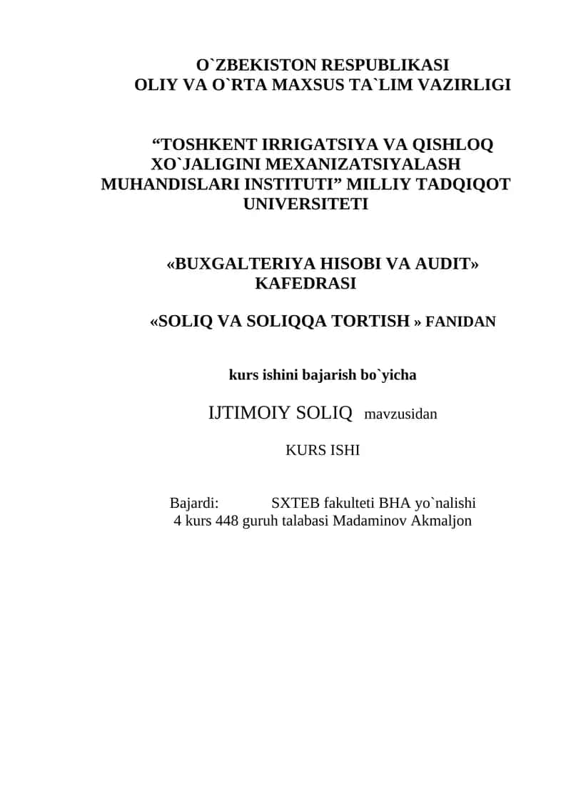 IJTIMOIY SOLIQ mavzusidan KURS ISHI